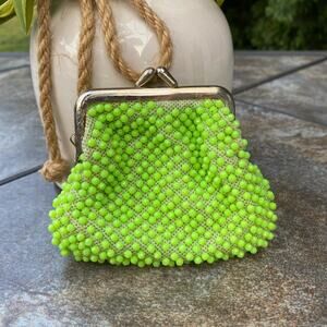 Vintage Handmade Beaded Green Coin Purse Pouch w/ Snap Closure